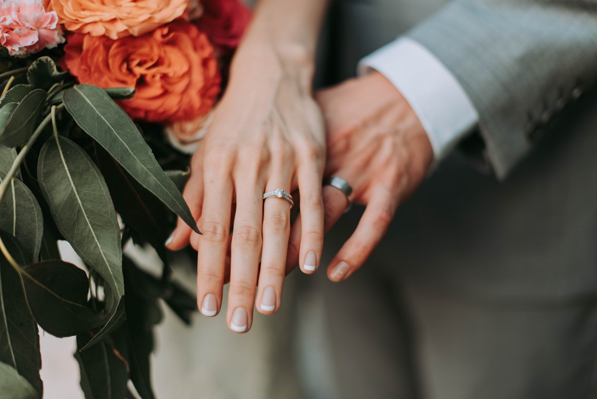 結婚指輪をした男女の手と花束-ヘッダー画像-